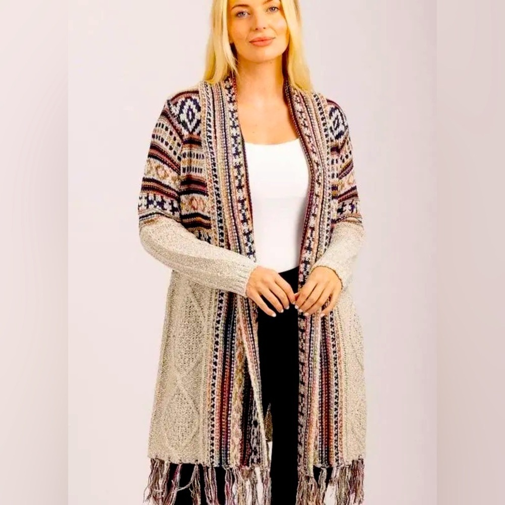 Adora Southwestern Aztec Open Front Long Fringed Cardigan Sweater S/M